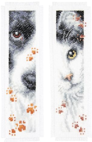 Vervaco Bokmärken korsstygn broderiförpackningar räknade korsstygn set hund och katt 2 st gör-det-själv set vuxna broderi läsning tillbehör gåva räknemönsterförpackning ca 6 x 20 cm broderiset för