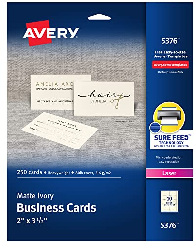 Avery Printable Business Cards with Sure Feed Technology, 2 x 3.5, Ivory, 250 Blank Cards for Laser Printers (05376)