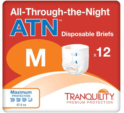 Tranquility Premium ATN Disposable Briefs with Tabs, Overnight Protection Superabsorbent Core for Leak-Free and Full-Fit Comfort, Medium 96ct Case