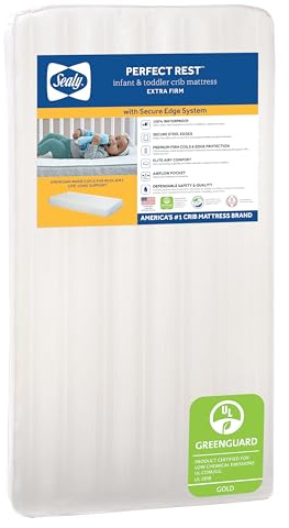 Sealy Baby Perfect Rest Waterproof Crib Mattress plus Toddler Bed Fit, Premium 150 Extra Firm Coils, Non Toxic, Airy Cushioning, GREENGUARD Gold Certified, Safety & Quality Tested, Made in USA, 52X28
