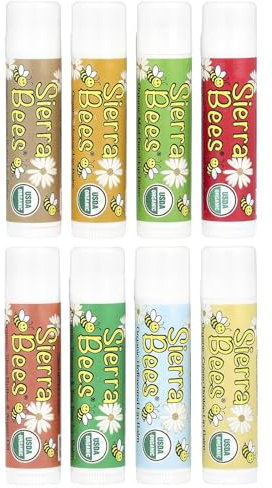 Organic Lip Balm - Variety 8 Pack by Sierra Bees - Cocoa Butter, Honey, Mint Burst, Pomegranate, Shea Butter & Argan Oil, Tamanu & Tea Tree, Unflavoured and Vanilla