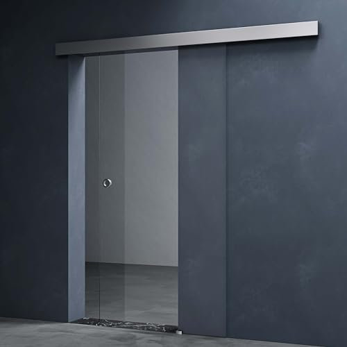 Mai & Mai Porta Scorrevole in Vetro 77.5x205cm, Porta Scorrevole con Sistema Softclose in Vetro Trasparente 8mm con Binario e Maniglia Rotonda per Bagno Cucina Studio Ufficio, Amalfi TS19-775SC