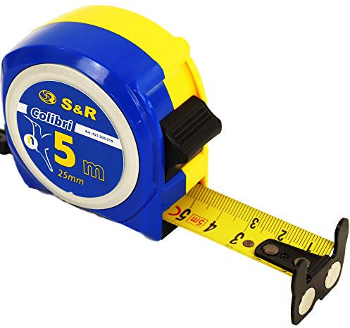 S&R Cinta Métrica 5,0 m x 25 mm, Profesional con cabeza magnética y banda en nylon