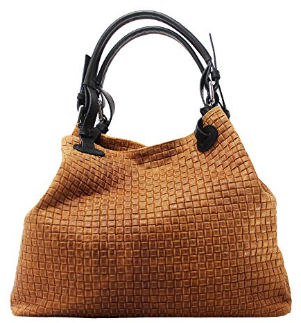 Chicca Borse Borsa a Mano Stampa Intrecciata da Donna con Tracolla in vera pelle made in Italy - 34x29x18 Cm (Cuoio)