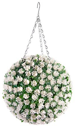 Best Artificial 28cm White Rose Topiary Hanging Flower Ball **UV Fade Protected**