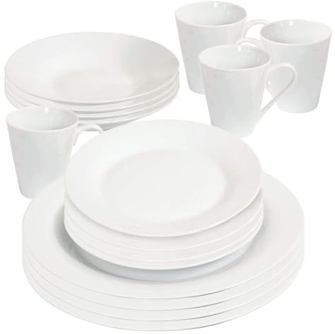 16 Piece Dinner Set - Plain Dinnerware Set | 4 Bowls, 4 Side Plates, 4 Mugs, 4 Soup Plates | Kitchen Microwave & Dishwasher Safe - for Cereal, Desserts, Hot Drinks, Porcelain Cup, Gift