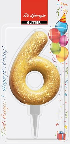 Cereria di Giorgio- Candela di Compleanno Gigante con Glitter Numero 6 Vela de cumpleaños Purpurina, Color dorado (58160_66)