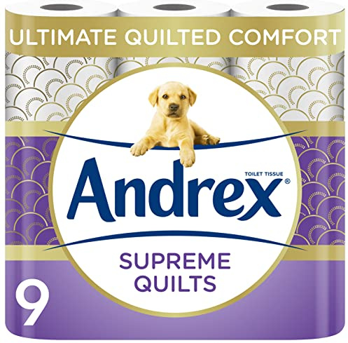 Andrex Supreme Quilts Quilted Toilet Paper - 9 Toilet Roll Pack - 25% Thicker Than Before to Provide Ultimate Quilted Comfort with Unique Air Pocket Texture
