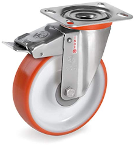 Roulette INOX pivotante à frein diamètre 125 mm roue polyuréthane rouge moyeu à billes - 220 Kg