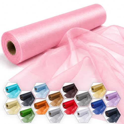 29cm x 25m Roll of Organza Sheer Fabric - Elegant Decorative Cloth for Wedding Chair Bows, Table Runners, Party Favours - Crafting Supplies for Ribbons, Dress Accents,and Bags, Pink#