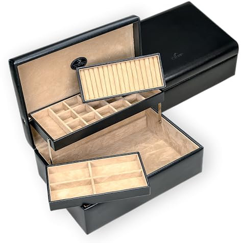 Windrose Charmbox mit 2 herausnehmbaren Einsätze Merino/schwarz - Hochwertige Handarbeit - Breite 30,5 cm - Lederoptik