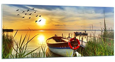 Quadri Moderni Soggiorno Barca lago tramonto estate la gente Quadro su Vetro 120x50cm Stampe da Parete in Vetro Camera da Letto 1 pezzo Wall Art Grandi Decorazione Murale Immagini GAB120x50-3053
