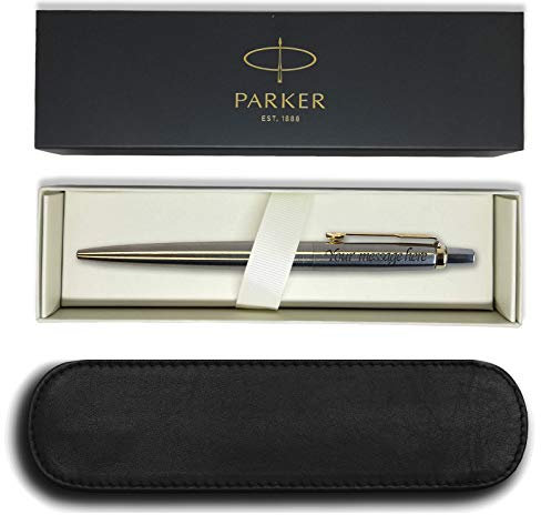 Parker Jotter Stainless Steel Gold Trim Ball Pen - FREE ENGRAVING + LEATHER PEN SLIP