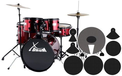 XDrum Rookie Schlagzeug Set Drumset Rot (20 BD, 10, 12, 14 TT, 14 SD, Übungsbecken bestehend aus einem Satz Hi-Hat-Becken 14 und 1 Crash-Ride-Becken 16, inkl. Schule und Schlagzeugdämpferset)