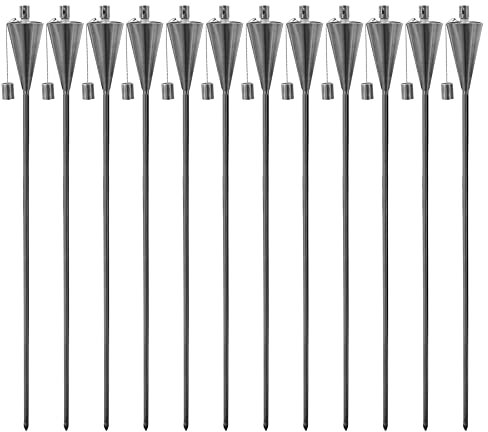 Harbour Housewares Torches de Jardin en Métal - Cône - Paquet de 12 - Torches de Jardin Argentées de 146 cm Éclairage Extérieur Moderne Lampe à Huile de Paraffine Lanterne à Flamme de Bougie
