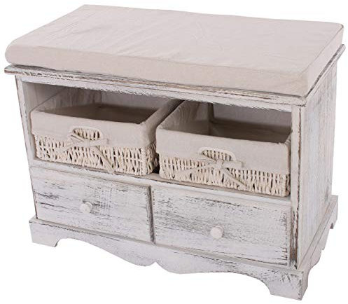 Mendler Sitzbank Kommode mit 2 Körben 42x62x33cm, Shabby-Look, Vintage - weiß