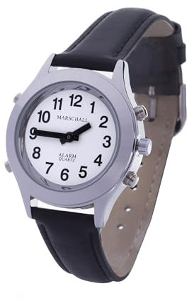 Marschall Deutsch sprechende Damen Armbanduhr I D-SL I Für Blinde, Senioren und Sehbehinderte I Komplette Datumsansage I Extra große Zeiger I Silberfarben mit Lederarmband
