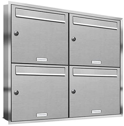AL Briefkastensysteme, 4er Unterputzbriefkasten, Briefkasten rostfrei, 4 Fach Briefkastenanlage modern, Edelstahl Postkasten