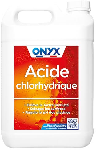 Onyx - Acide Chlorhydrique 23% - Décapant, Détartrant WC, Canalisations et Métaux, Produit Nettoyant Multi-Surface, Carrelage, Terre Cuite, Cuivre - Régulateur PH Piscine - Fabrication Française - 5L