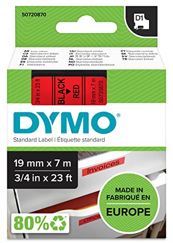 DYMO Authentic D1 Labels | Black Print on Red Tape | 19 mm x 7 m | Self-Adhesive Labels for LabelManager Label Makers | Made in Europe