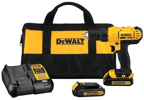 DEWALT 20V Max Cordless Drill Driver Set, 2 Speed, High Performance Motor, Includes 2 XR 1.3Ah Li-Ion Batteries, Charger and Contractor Bag (DCD771C2)