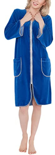 Aquarti Damen Velours Bademantel Morgenmantel Kurz mit Reißverschluss, Farbe: Blau, Größe: XXL
