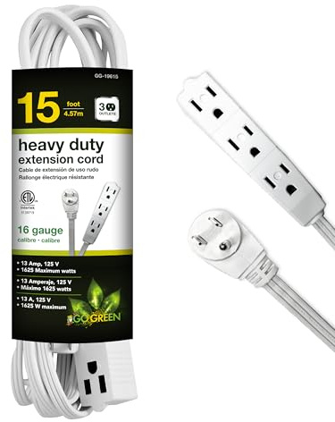 Go Green Power Inc. 15ft Extension Cord with 3 Outlets, White - Compact, Flush-Fit Design, Heavy Duty, Grounded Plug - Ideal for Home & Small Appliances - GG-19615