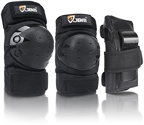 JBM international Adult / Child Knee Pads Elbow Pads Wrist Guards 3 In 1 Protective Gear Set, Black, Youth / Child