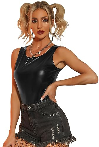 Allegra K Women's Shiny Top Party Club Cami Sparkly Metallic Tank Top Large Black