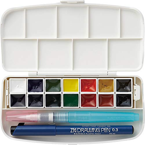 Kuretake WATERCOLOUR TRANSPARENT 14 colors set with fineliner pen and water brush pen, Portable, In a compact box, Vibrant watercolors, For professional and hobbyist, AP-Certified, Made in Japan