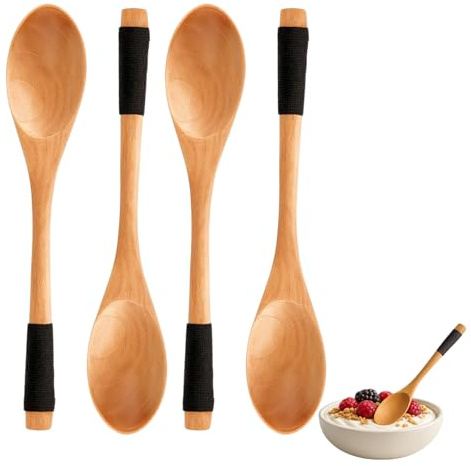 JapanBargain Japanese Style Wooden Spoons, Set of 4, 7-3/4 Inch Cherry Wood Dessert & Dinner Spoons, Reusable Lightweight Utensils with Wrapped Handle for Yogurt Ice Cream Coffee Snacks