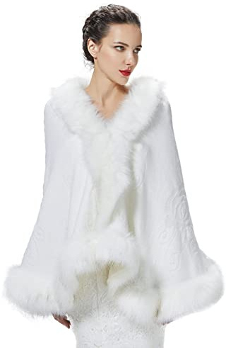 BEAUTELICATE Women Faux Fur Wrap Shawl Stole Knit Cape Shrug with Fur Trim for Winter Wedding Bride Bridesmaid Evening Party