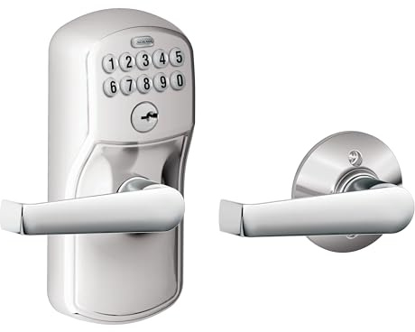 Schlage Plymouth Keypad Lock with Lever Handle, Electronic Keyless Door Entry, Auto‑Lock Enabled, Satin Chrome, FE575 PLY 626 ELA