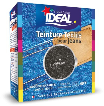 IDEAL - Teinture Tissus Liquide Maxi 27 Jean Noir - 75 ml + 1 Dose de Fixateur 100 g - Teinture Textile Longue Tenue - Coton, Lin, Soie, Viscose - Efficace dès 40°C - Fabrication Française