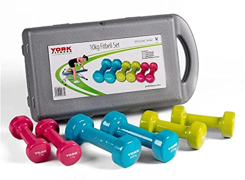 York Fitness Vinyl Dipped Dumbbell 10 KG Set with Case