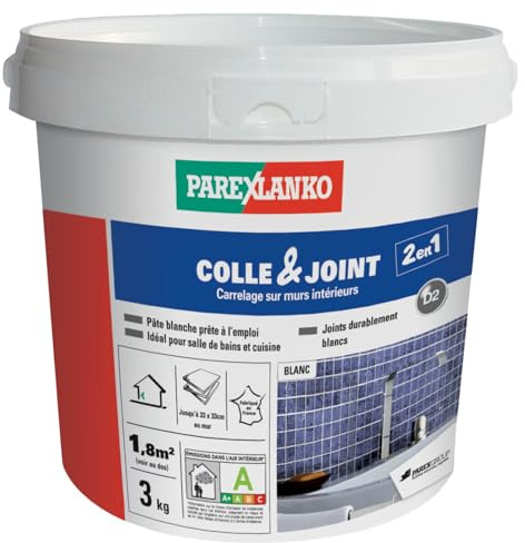 Parexlanko - Colle carrelage et joint en pâte - Colle & Joint 2 en 1 - Blanc - Pour mur intérieur - Spécial pièces humides - Prête à l’emploi - 3kg | Colle et joint en pâte - Prête à l’emploi - Pour mur intérieur - Spéciale pièces humides - Application facile