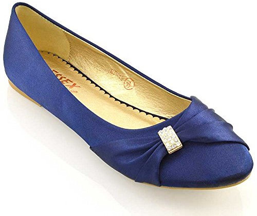 ESSEX GLAM Womens Bridal Wedding Satin Pumps Ladies Slip ON Prom Bridesmaid Pumps Shoes Size 3 4 5 6 7 8 (UK 4 / EU 37 / US 6, Navy Satin)