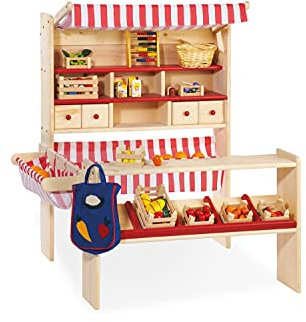 Pinolino Marktstand Lucy, massives Holz, besonders standfest, Tresen rechts oder links montierbar, für Kinder ab 2 J., rot