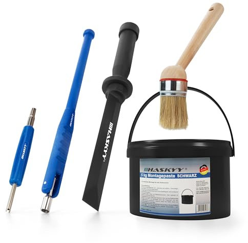 Reifenmontagepaste 5kg Schwarz Reifenmontierpaste Universal Satz inkl. Montage Pinsel, Ventildreher, Ventileinzieher & Kunststoffschaber - Reifenmontage Zubehör Set