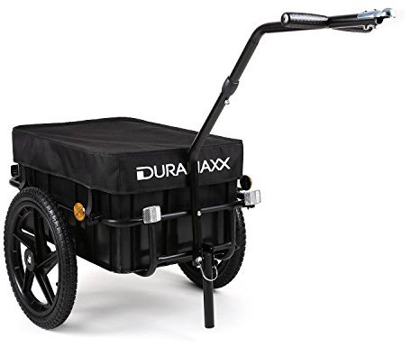 Duramaxx Big-Mike - Fahrradanhänger, Lastenanhänger, Handwagen, mit Hochdeichsel, Transportbox mit 70 Liter Volumen, Max. 40kg, Kugel-Kupplung für Fahrräder mit 26'' - 28'', schwarz
