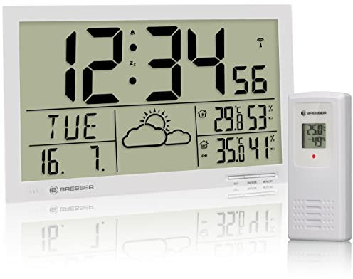 Bresser Wetterstation Funk mit Außensensor MyTime Jumbo LCD Wetter Wanduhr mit Außensensor und extra großen Ziffern für Tisch und Wandmontage, weiß