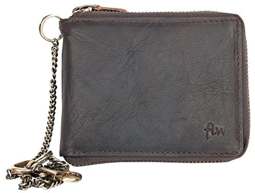 FLW Cerniera orizzontale portafoglio biker marrone in vera pelle naturale resistente con catena in metallo