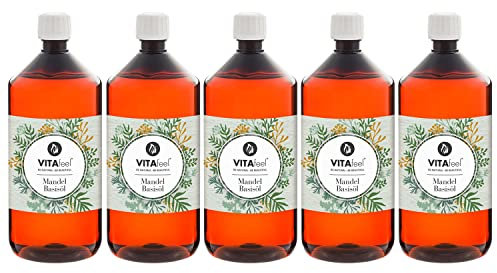 GreatVita Mandel Basisöl, 5er Pack (5 x 1000 ml) vegan, gentechnikfrei, ideal zur Haut- und Haarpflege, für Aromatherapie & als Basisöl für Massageöle oder Naturkosmetik