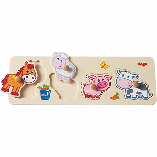 HABA 301939 - Greifpuzzle Bauernhof-Tierkinder, 4-teiliges Holzpuzzle mit Tiermotiven und großen Holzknöpfen zum Greifen, Holzspielzeug ab 12 Monaten