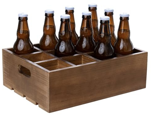MyGift Rustic Brown Wood Bottle Storage Crate - Wooden Beer Holder Box, Bottled Beverage Serving Caddy with Carrying Handles, 12 Individual Slots