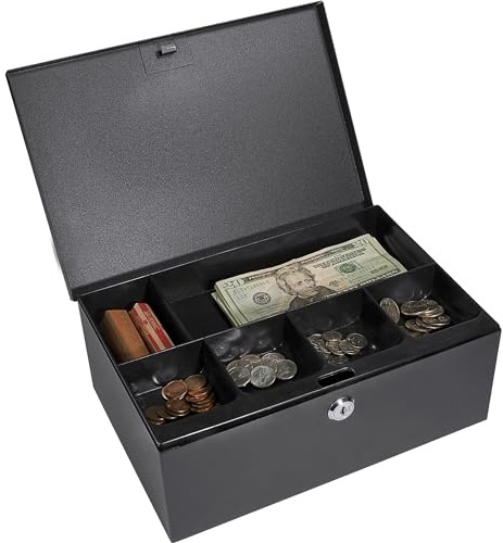 BARSKA 12-Inch Cash Box and 6 Compartment Tray with Key Lock , Black