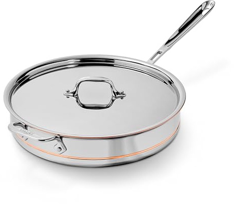 All-Clad Copper Core 5-Ply Stainless Steel Sauté Pan with Steel Lid 5 Quart Induction Oven Broiler Safe 600F Pots and Pans, Cookware Silver