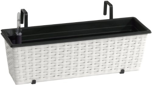 Jardinera para balcón de polyrattan Incluye suspensión y Sistema de riego, Blanco, 60 x 19 x 18 cm