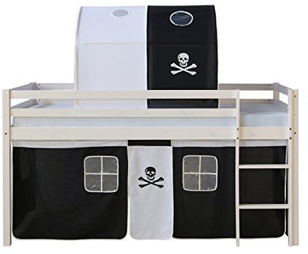 Homestyle4u Kinderbett 90x200 Weiß Schwarz Hochbett mit Treppe Vorhang Pirat Tunnel Bettgestell Holz Kiefer Kinderzimmer