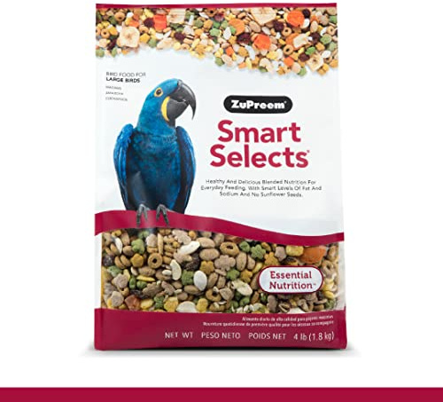 ZuPreem Smart Selects Bird Food, Cockatoo Food, Bird Feed Pellets and Seed Blend, Macaw Diet, Daily Nutrition for Amazons, Cockatoos, and Macaws, Made in USA, Amazon Diet, (Large, 4 lb bag)